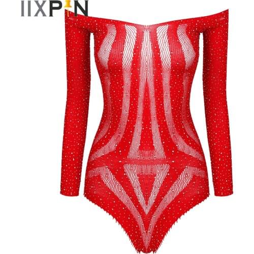 Lingerie See-through Mesh Bodysuit Womens Hot Sexy Shiny Rhinestone Erotic Costume One-piece Off Shoulder Long Sleeve Leotard