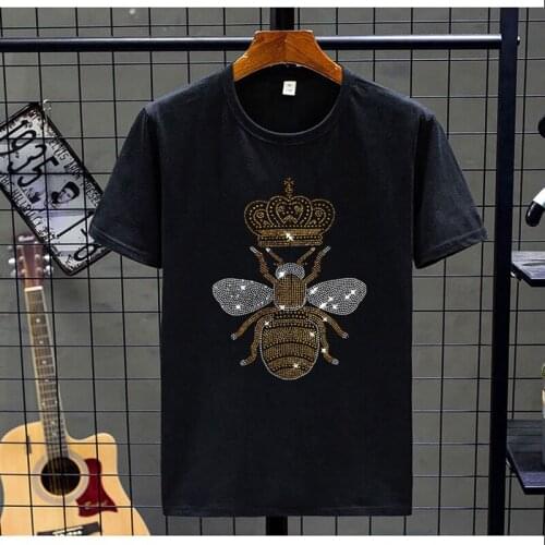 Bee Style Hot Drilling Rhinestone Summer Mens T-Shirt Plus Size Tees Loose Ventilation Cotton Short Sleeve Party O-Neck Tops XL