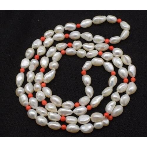 Freshwater pearl white bearouqe 8-10mm and orange coral round 4mm necklace nature 40" FPPJ wholesale beads