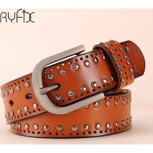 European Western Rivet Punk Genuine Leather Belts For Women Casual Jeans BL331