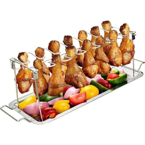 Folded Roast Chicken Leg Rack With Drip Tray 14 Slots Hot Roast Chicken Rack Barbecue Tray Barbecue Grill BBQ Utensils