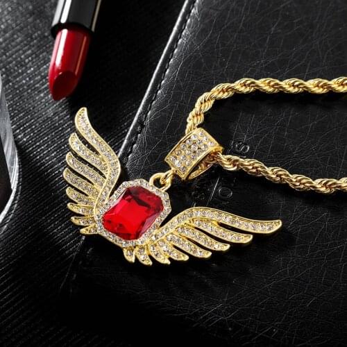 Hip Hop Jewelry Women Men Fashion Square Red Glass Angel Wings Necklaces & Pendants Trendy Gold Long Rope Chain Necklace Gifts