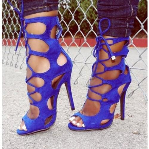 Moraima Snc Peep Toe Blue Suede High Heel Sandal Summer Cutouts Gladiator Shoes Woman Thin Heels Party Dress Heels