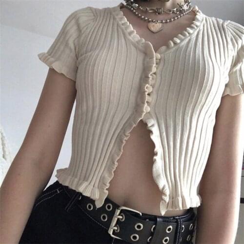 Women Solid Casual Sweet Summer Knitting V-Neck Short Sleeve Ruffles Button Crop Tops Skinny Tee Shirt Femme
