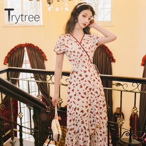Trytree 2020 Summer Woman Dress Casual V-neck Puff Sleeve Print Ruffles Irregular Vintage Fashion Elegant A-line Mid-Calf Dress