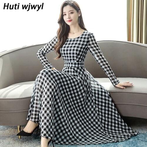 2021 Korea Vintage Plus Size Midi Dress Autumn Winter Chiffon Plaid Casual Dress Elegant Women Full Sleeve Party Bodycon Vestido