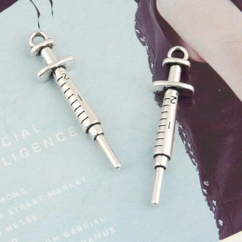 10pcs Silver Color Syringe Medical Charms Needle Tubing Pendant For DIY Handmade Jewelry Making Accessorie