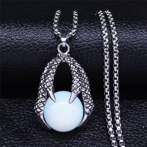 2021 Fashion Dragon Claw Moonstone Stainless Steel Pendant Necklace Silver Color Chain Necklace Jewelry collares NXS04