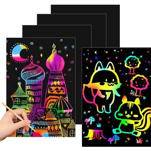 5pcs Magic Rainbow Color Scratch Art Painting Paper Card Kit Cartoon Architecture Drawing Board Kids DIY Educational Toy