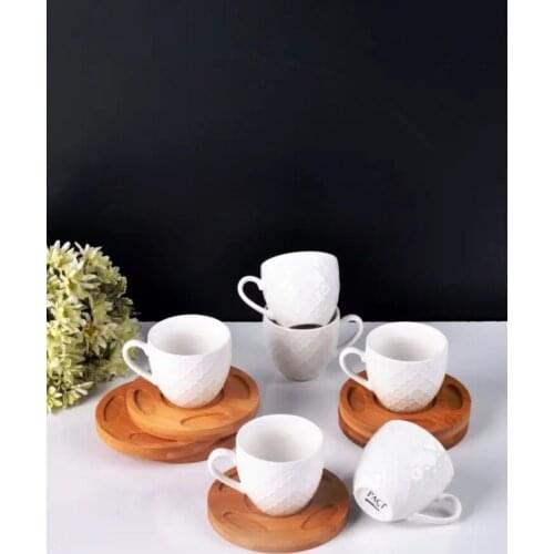 6 Pieces Porcelain Coffee Cup with Bamboo Plate - TURKISH COFFEE (FREE SHIPPING)
