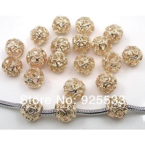 Free shipping 50pcs/lot light gold color metal beads fit European bracelet jewelry DIY with love shape design