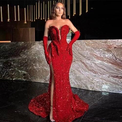 Sparkly dress long for women 2021 red Sequins Sexy Noble Side High Slit Tube Top birthday wedding party designer dresses runway