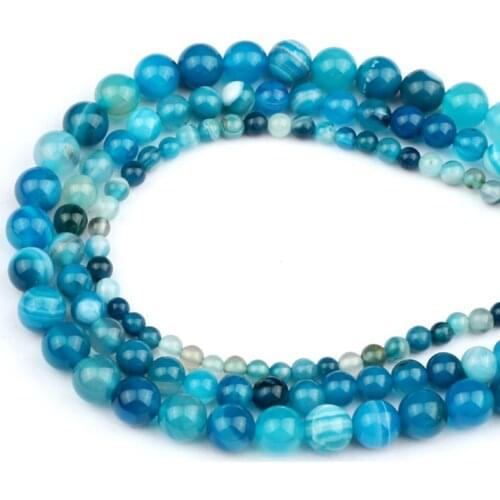 Blue Striped Agates Beads Round Natural Stone Loose Spacer Bead For Jewelry Making 4mm 6mm 8mm DIY Handmade Bracelet Accessories
