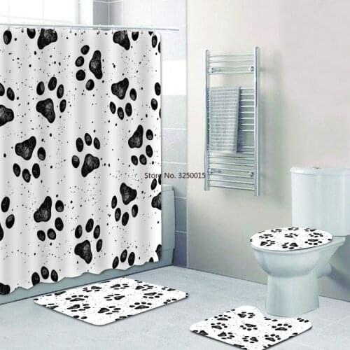 Home Decor Cute Black White Dog Paw Shower Curtains Bathroom Curtain Set for Bathtub Animal Pet Puppy Paws Bath Rugs Carpet Mats