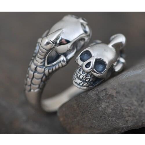 FNJ Punk Skull Ring 925 Silver New Fashion Original S925 Sterling Silver Rings for Men Jewelry Adjustable size