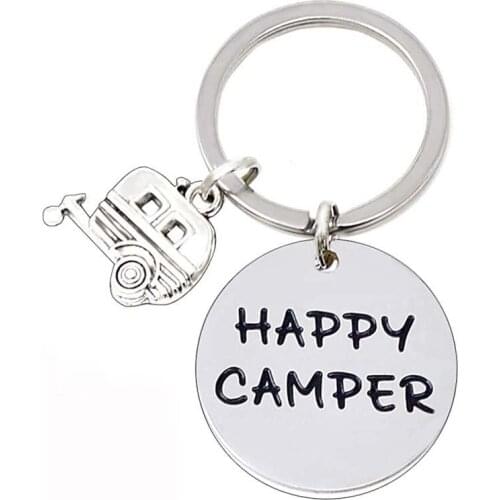 Happy Camper Keychain Camping Hiking Key Chain RV Trailer Jewelry Retro RV Camper Gift for Camper Lover