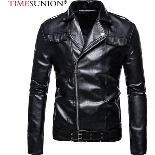 2021 Autumn Black Leather Jacket Men Belt Decoration Motorcycle Jacket Slim Street Fashion BLack Biker Coat
