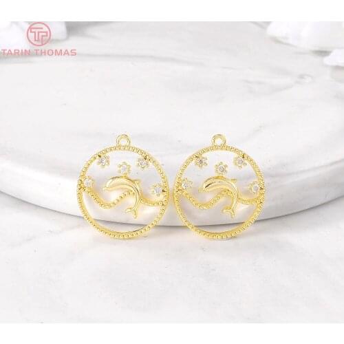 6PCS 17x19MM Hole 2MM 24K Gold Color Brass with Zircon Dolphin Charm Pendants for DIY Jewelry Making Findings Accessories