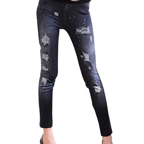 Fashion Women Elastic Leggings Skinny Ripped Hole Jeans Trousers Pencil Pants