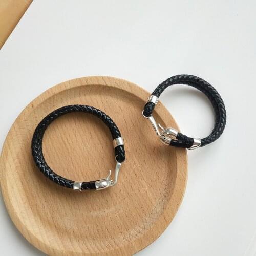 Men Women 1pc Authentic 925 Sterling silver Black Genuine Leather Rope Bracelet Wrist Charms fine Jewelry for Couples C-A164