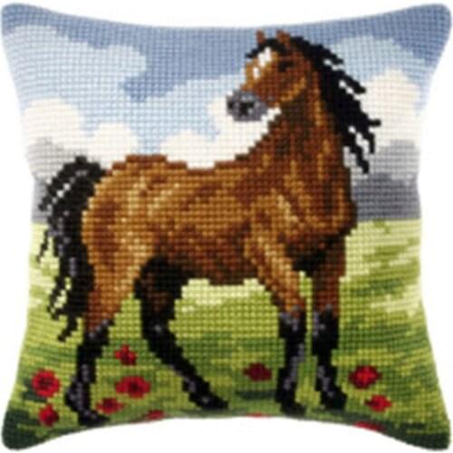 DIY Cross Stitch Cushion Cover Brown Stallion Needlepoint Kits Printed Canvas Chunky Yarn Cross-stitch Pillow Case Arts & Crafts