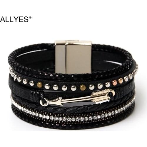 ALLYES Retro Arrow Charm Bracelets for Women Fashion Bohemian Rivet Rhinestone Braided Bracelet Bangle Female Jewelry