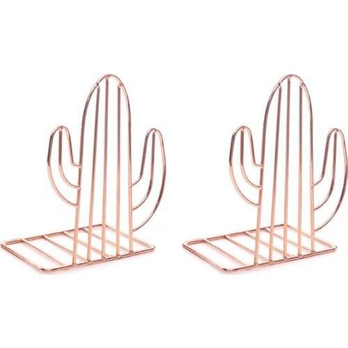 2PCS/Pair Creative Cactus Shaped Metal Bookends Book Support Stand Desk Organizer Storage Holder Shelf-Rose Gold