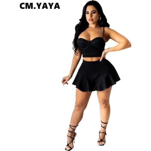 CM.YAYA Women Denim Set Solid Spaghetti Strap Zipper Crop Tops and Mini Shorts Skirts Two 2 Piece Set Sexy Fashion Outfit Summer