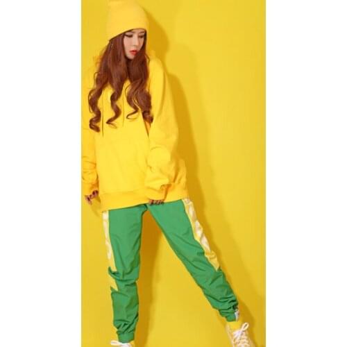 Hip Hop Dance Costumes Ladies Long Sleeve Printed Tops Green Pants Suit Female Dancer Stage Show Performance Dancewear Set DT702