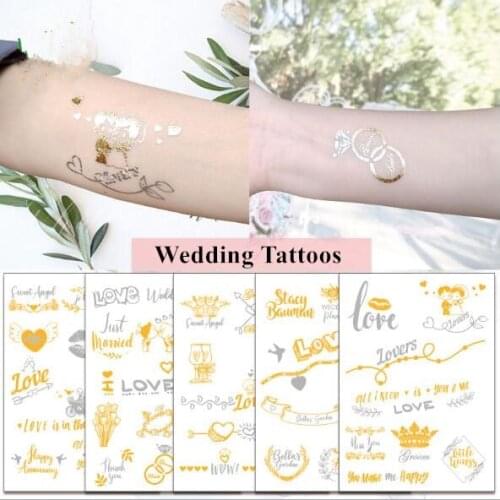 Wedding Tattoo Stickers Team Bride Flash Temporary Tattoo Gold Silver Metallic Wedding Decoration For Waist Party Fake Tattoo