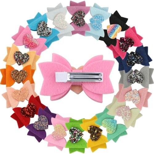 20pcs/set Girls Spring Headwear Hairbow Clips Heart Shape Glitter Hairpins Shinny Sweet Non-woven Bows Kid Children Hairgrips