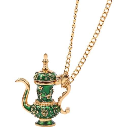 Vintage Necklaces Women Arabian magic lamp design Enamel Green Tea pot Pendant Long Link Chain Men Necklace Jewelry