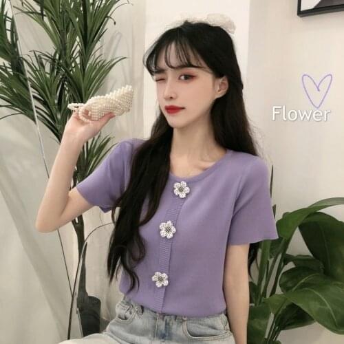 Woman TShirts Purple Short-Sleeved Knitwear Womens Summer Top with High-Waisted Trousers Crop Top Mujer Camisetas