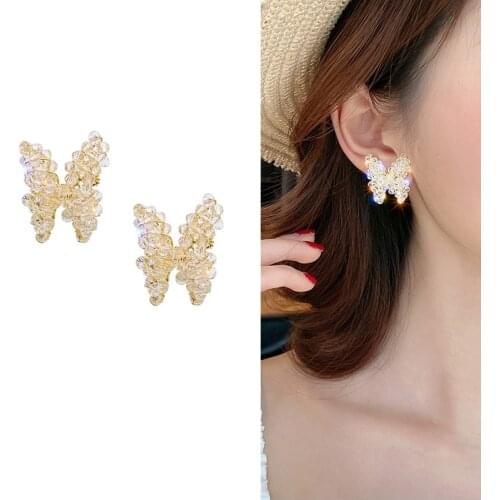 Women Statement Elegant Bow Wedding Earrings Clip On Ears Japanese Style Cute Transparent Crystal Butterfly Clips Earrings