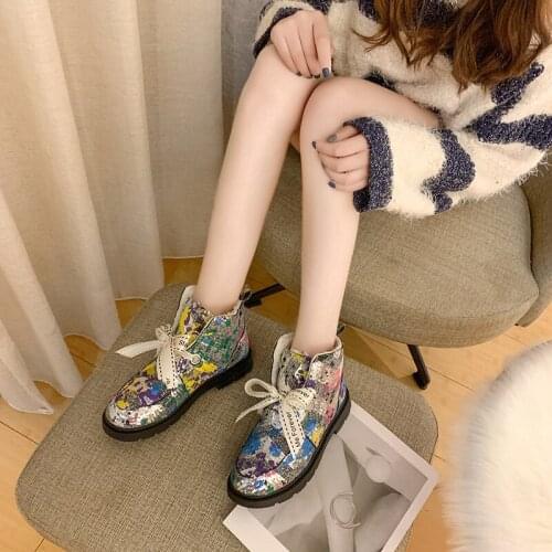 Women Snow Boots Warm Plus Velvet Booties Shoes Sequined Printed Cotton Boots Lace Up Fur Boots Flat Warm Winter Shoes W24-43