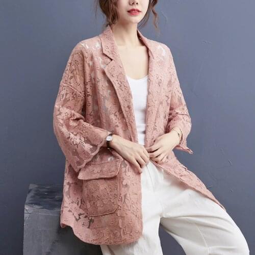 New Fashion Women Floral Lace Blazer Ladies Pink Cotton Linen Jackets Hollow Out Female Vintage Coats Plus Size Cardigan Outwear