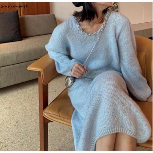Korean Loose Blue Knitted Women Dress Pullover Long Sleeve Robe Femme Elegant Sweet Women Dresses 2021 Autumn Traf Vestidos