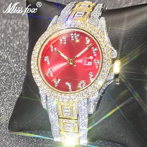 MISSFOX Red New Watches For Men Gold Silver Fashion Iced Out Man Watch Numerals Dial Dropshipping Wristwatches Relogio Masculino