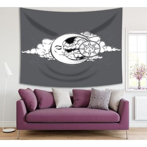 Tapestry Moon Sun Stars and Clouds Night Sky Vintage Ethnic Mythical Art on Dark Background Black Gray White