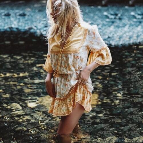 Jastie Yellow Floral Print Dress Boho Beach Summer Dresses V-Neck Half Sleeve Casual Short Dress for Women Clothing 2019 Vestido