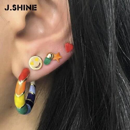 JShine 5pcs/set Fashion Rainbow Enamel Hoop Earrings for Women Heart Star Pill Shape Small Ear Studs Fashion Jewelry Statement