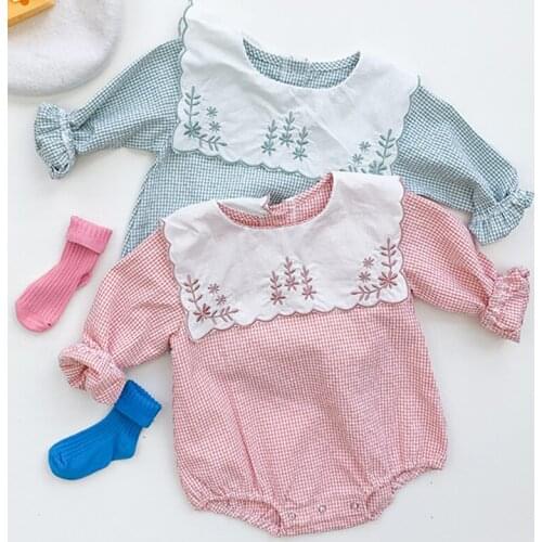 Rompers Set Grid Baby Clothes Embroidery Romper 2021 New Baby Long Sleeve Rompers Newborn Baby Girl Clothing Sets Girls Clothes