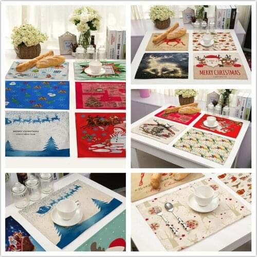 Snowman Christmas Tree Reindeer Print Placemat Christmas Carnival Cotton Linen Tableware Insulation Pad Dinner Decoration
