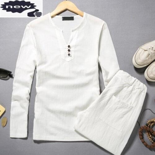 Spring Hot Sale Long Sleeve V Neck Cotton Linen Men Tow Piece Sets Fashion White Color Loose Plus Size M-5XL Clothing