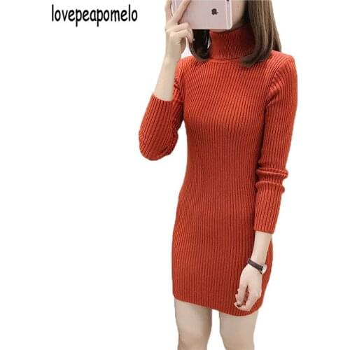 Lovepeapomelo 2019 New Spring And Autumn High Collar Knit Dress Womens Large Size Pullover Slim Tight Sweater Dress 564