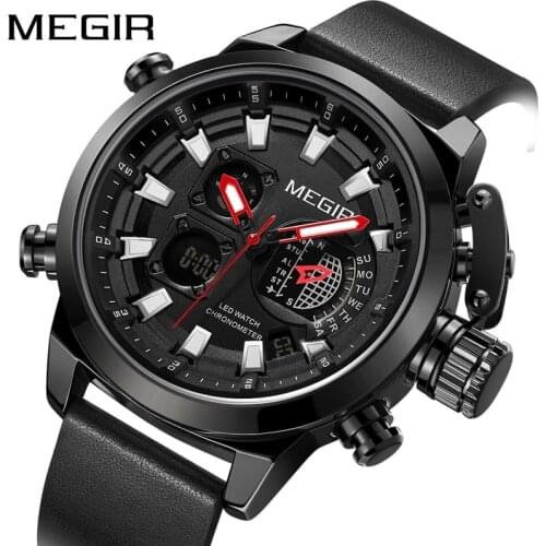 MEGIR New Mens Fashion Sport Watch Men Leather Waterproof Quartz Watches Male Date LED Luminous Clock Relogio Masculino 2090G