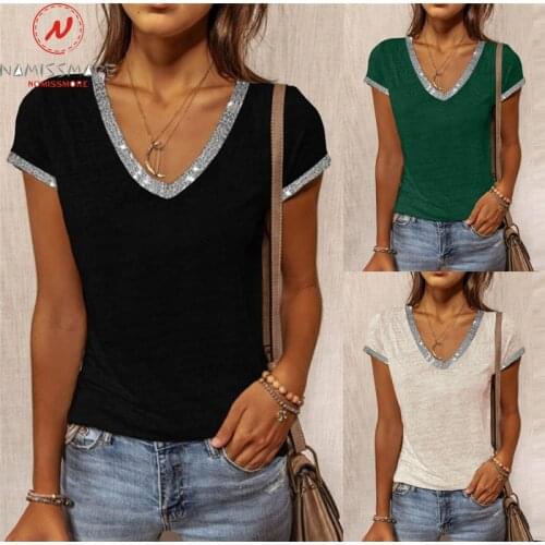 Fashion Women Summer Solid Color T-Shirts Color Matching Design V-Neck Short Sleeve Casual Pullovers Top for Streetwear