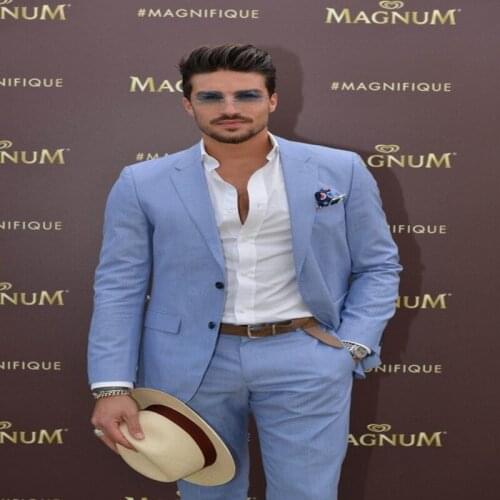 Tailor Made Sky Blue Men Suits Slim Fit Casual Groom Prom Blazer Beach Summer Style 2 Piece Tuxedo Jacket With Pants Terno