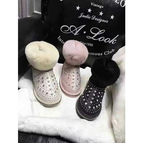 European station 2019 winter new Rex rabbit fur rhinestones plus velvet flat ankle boots women thickened anti-ski boots