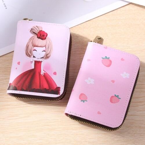New Fashion Women Mini Wallet Card Holder PU Leather Bag Cute Casual Young Ladies Cartoon Printing Zipper Small Coin Purse
